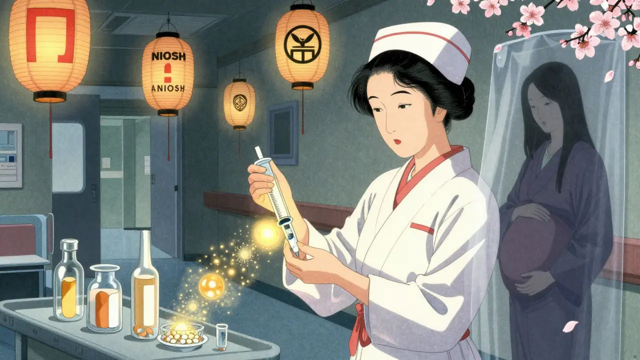 En sykepleier bruker en lukket knekker for å behandle kjemoterapimedisin, med synlige partikler fangnet i en gyllen filtermekanisme.