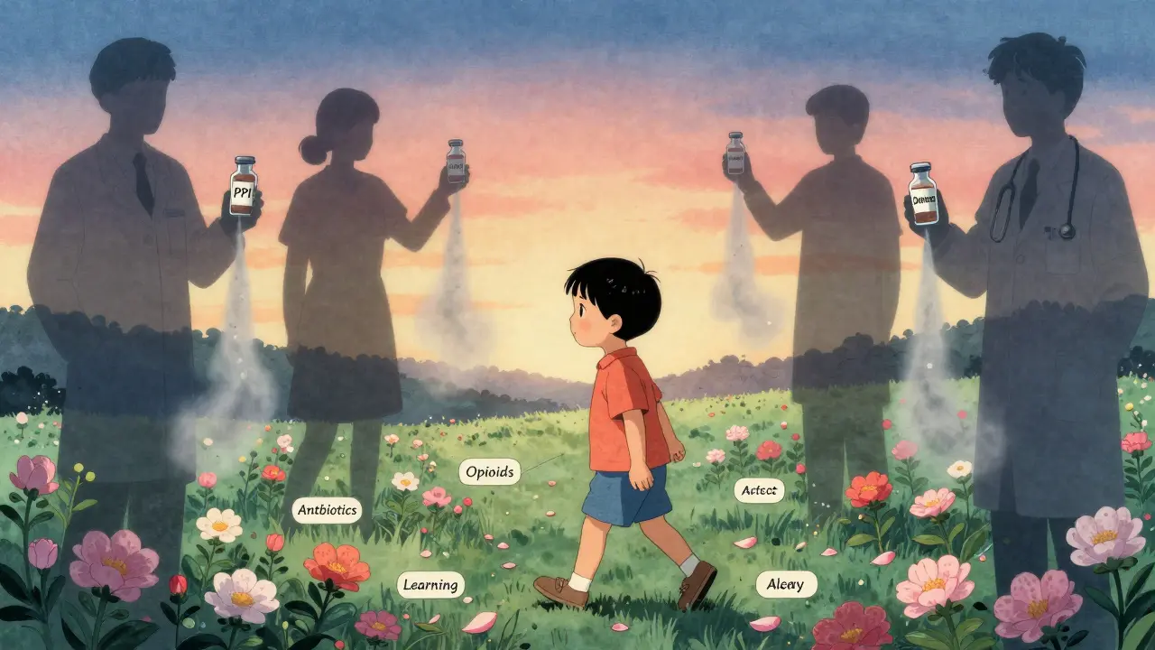 En voksen child vandrer gjennom en hage med langvarige effekter av legemidler, mens skygger av medisiner forsvinner i morgenlys.