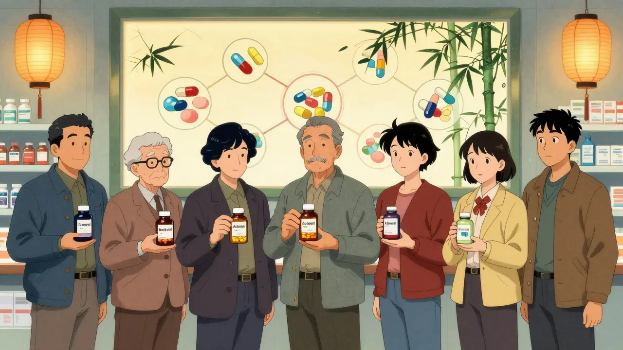 Flere mennesker står i kø ved et apotek med suppler, mens en skjerm viser interaksjoner.