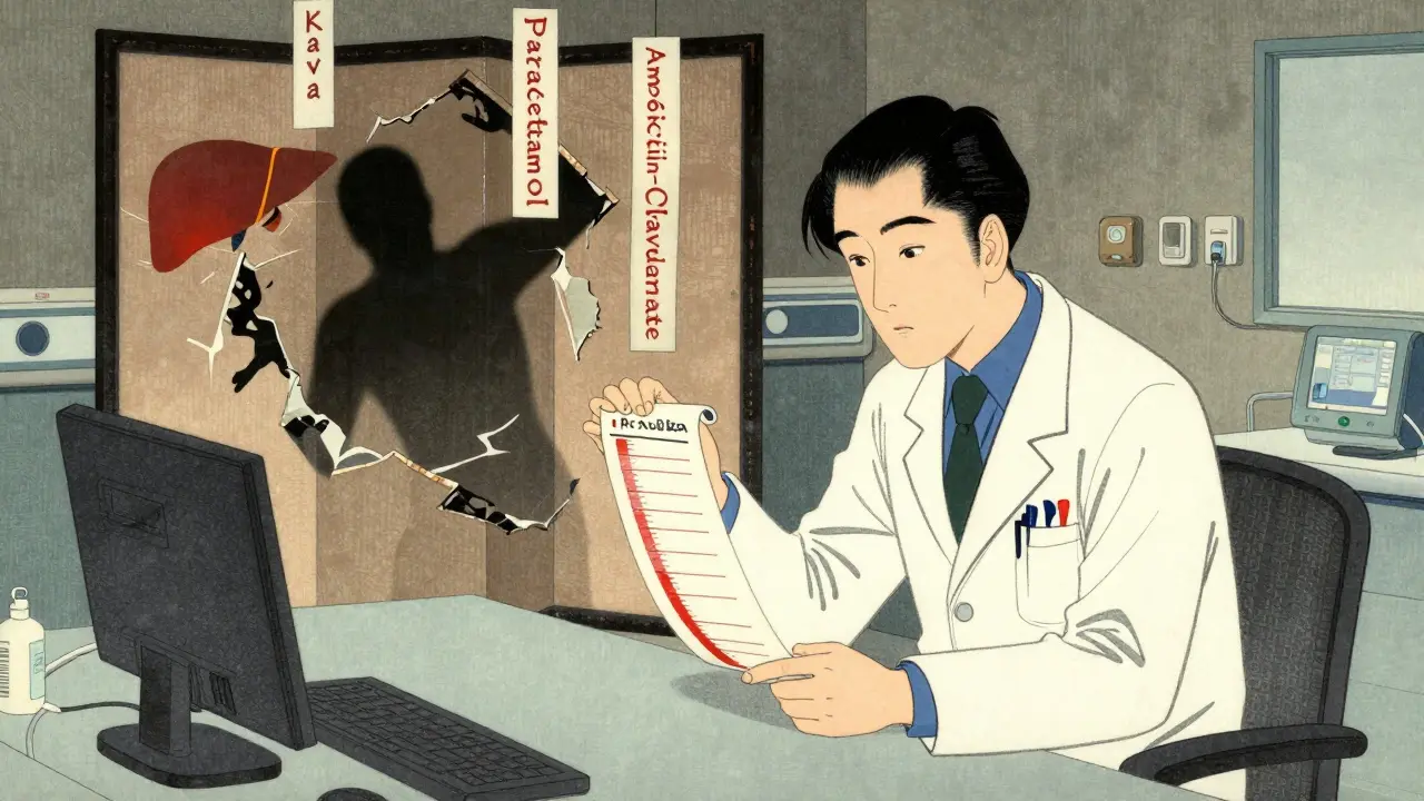 Lege ser på blodprøve med økende verdier, mens leveren collapse som papirskjerm.