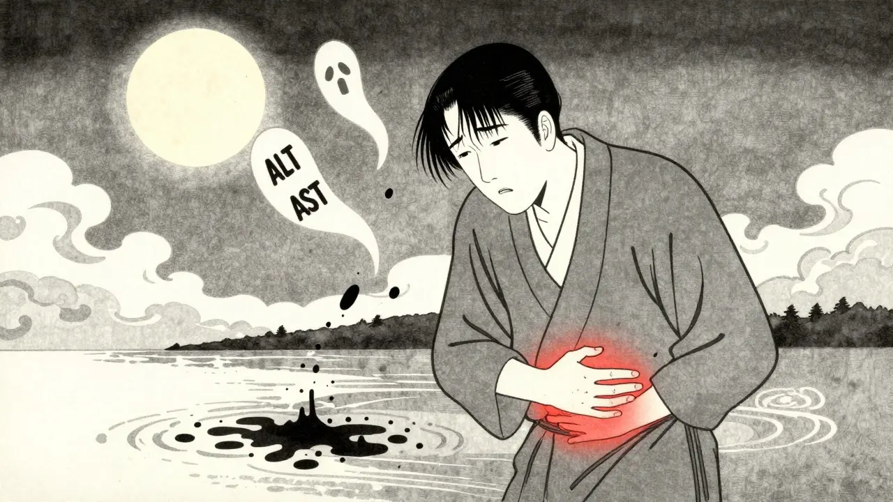 Person med magepine og mørk urin som flyter som svart blakk, under måneskinn.