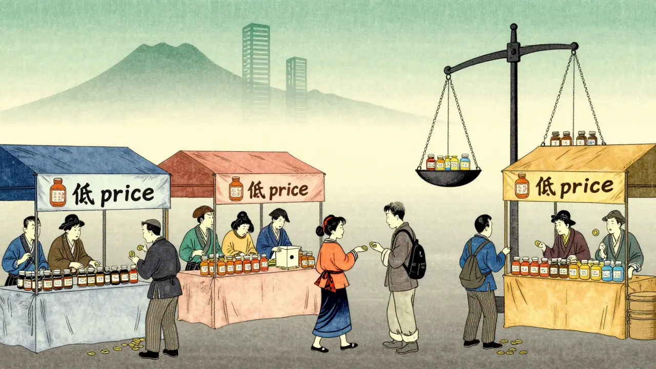 Ti selgere selger like legemidler til lave priser i en levende markedsscene.