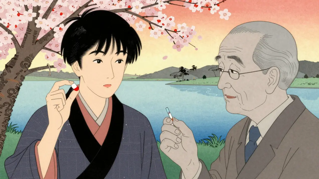 Ung og eldre personer med ulike legemidler i japansk landskap.