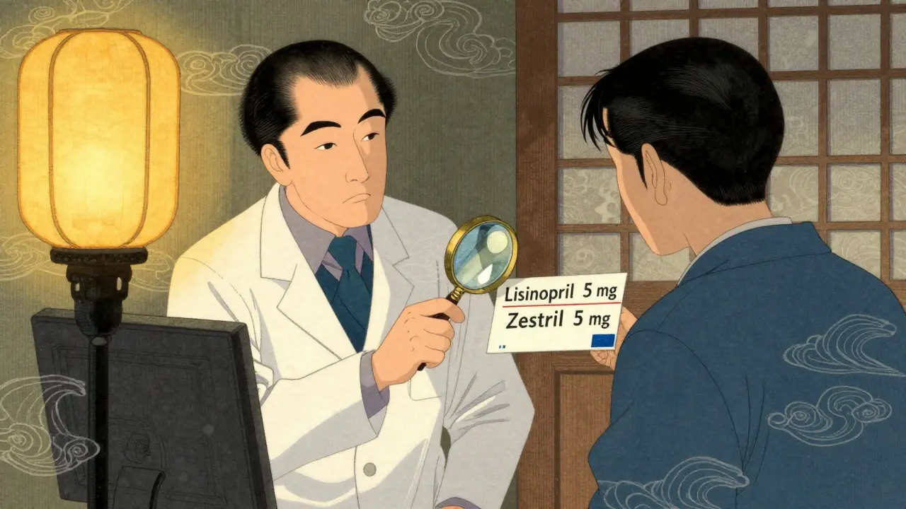 Apotekar og pasient undersøker reseptetikett sammen med forstørrelsesglass.