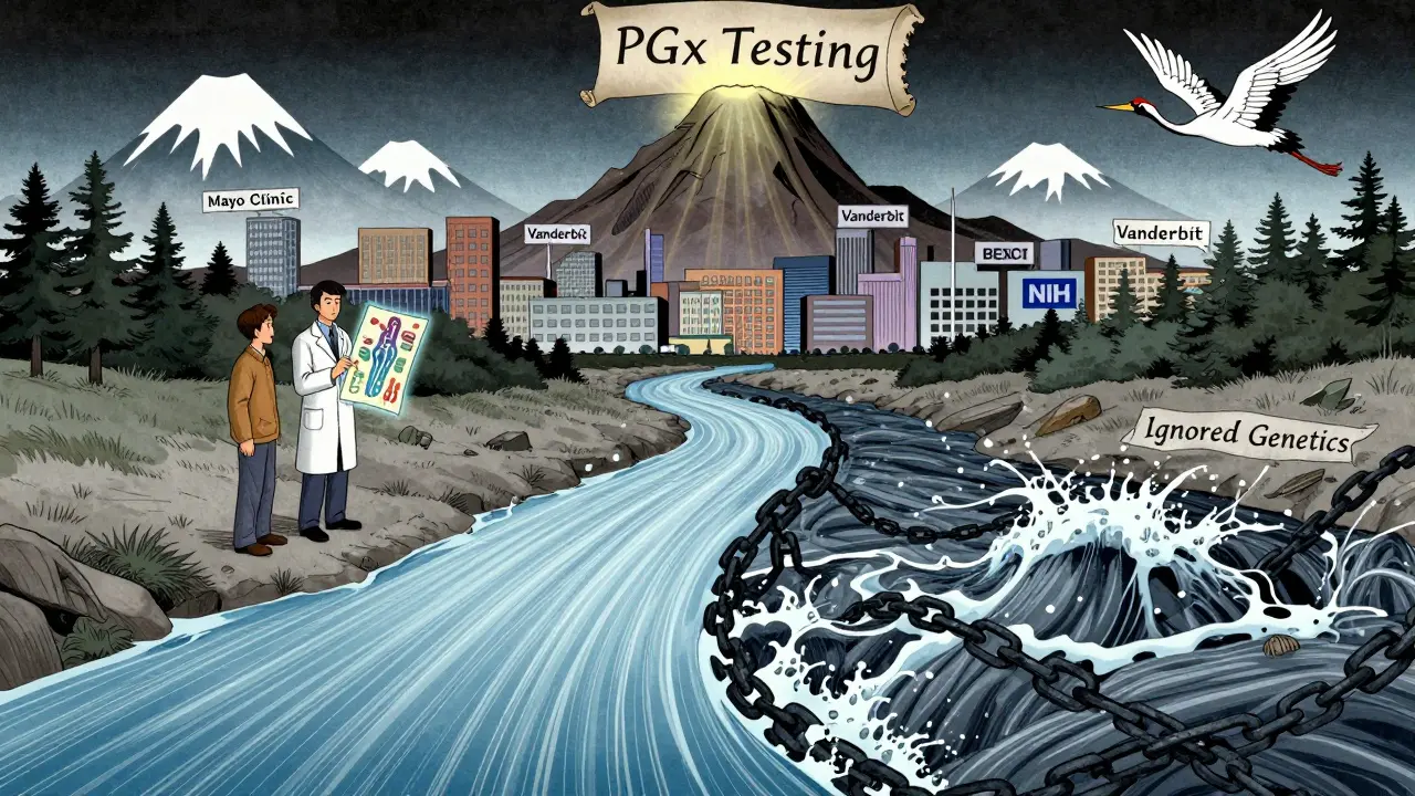 En elv deler seg i to, en glad og en kaotisk, med en lege og pasient som holder en genetisk kart, mens en kran flyr over en by med ledende sykehus.