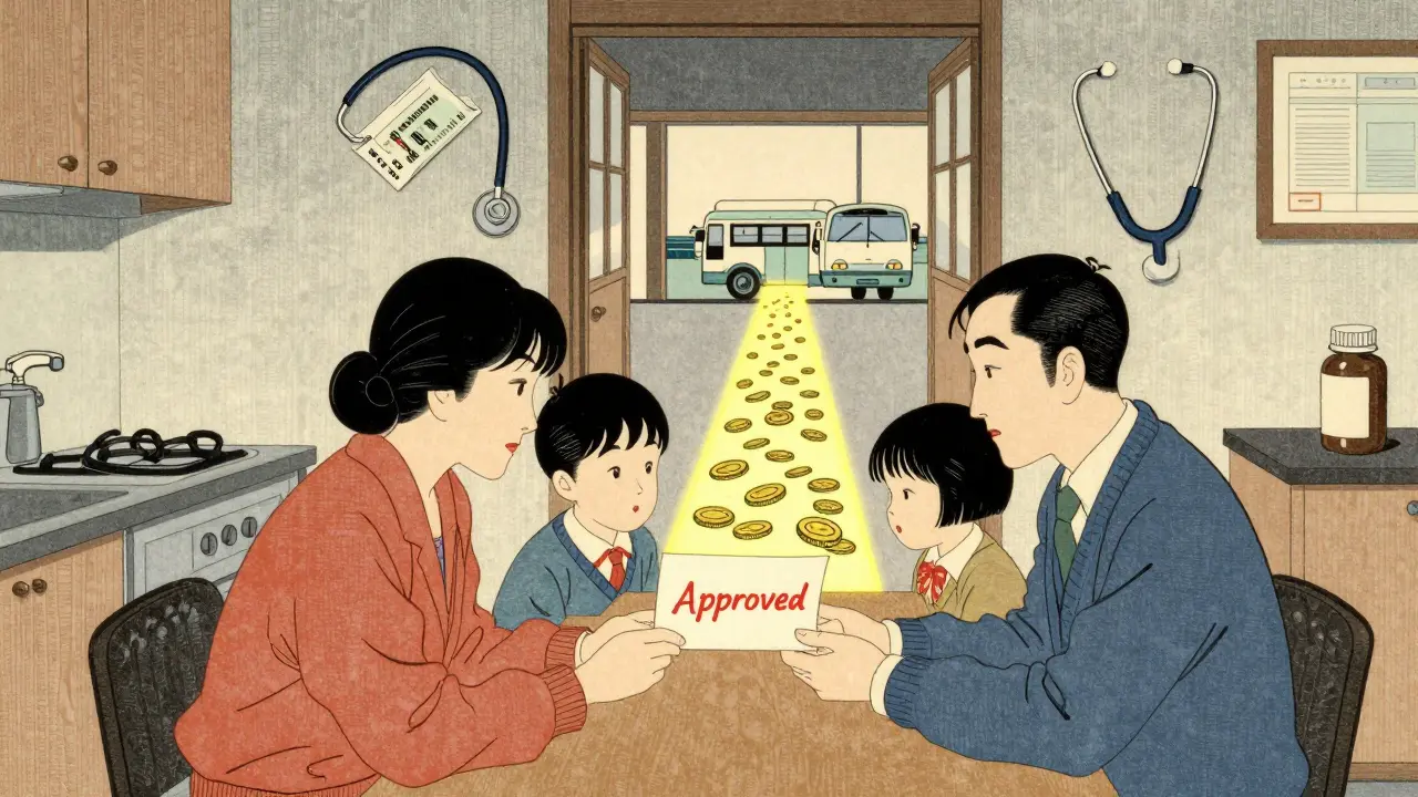 En familie feirer godkjenning av støtte, med mynter som fører til sykehus, i tradisjonell japansk stil.