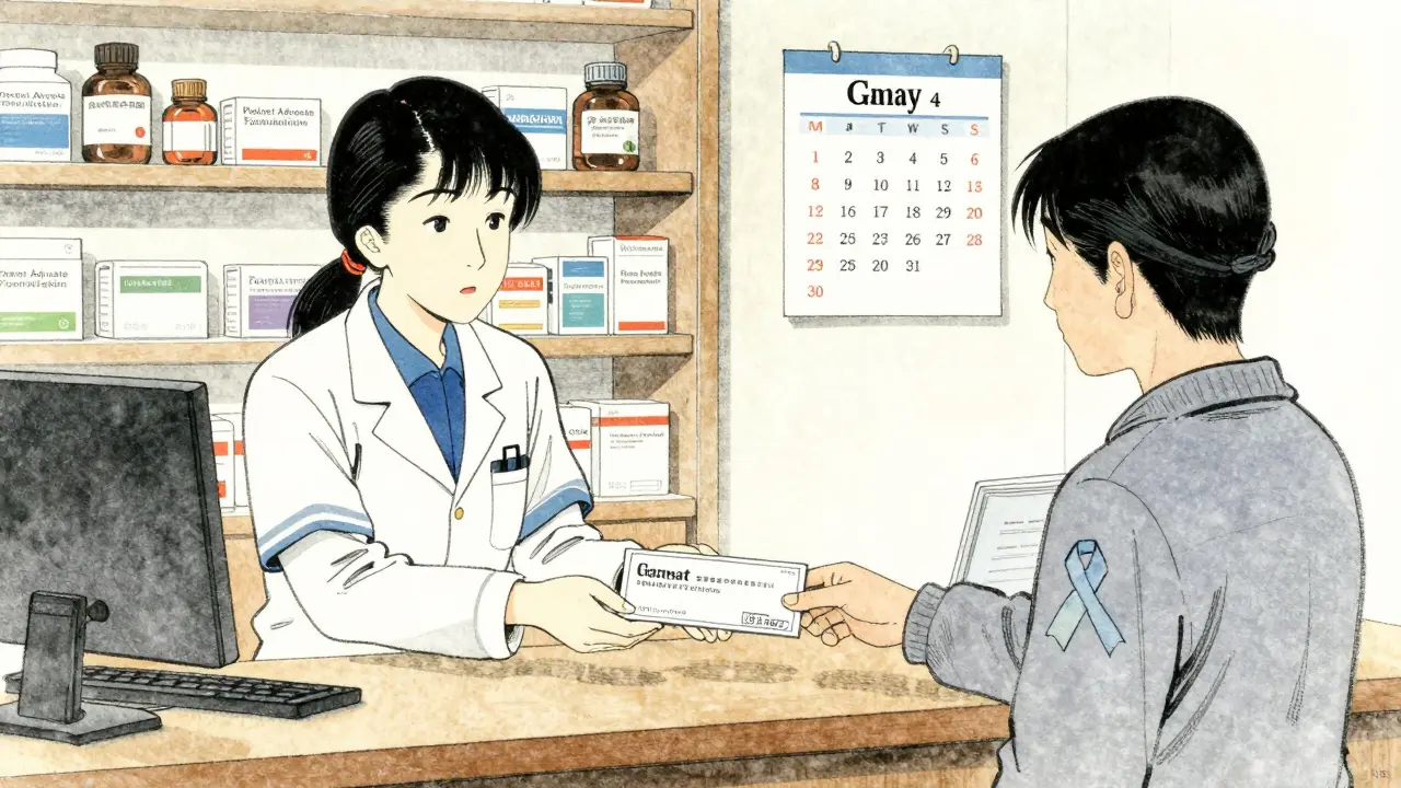 En hjelpeansvarlig gir en sjekk til en apotekar, mens en pasient med kreftbånd står i bakgrunnen.