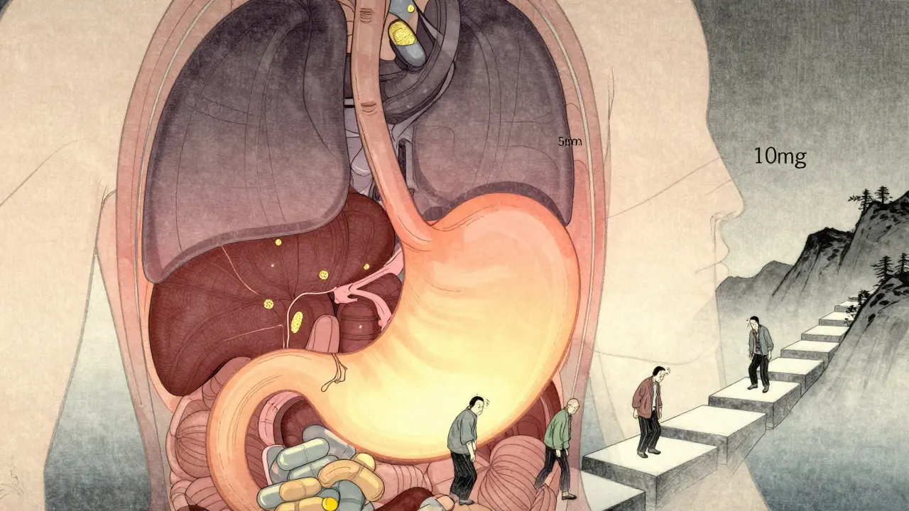 En menneskelig profil med gjennomsiktig kropp viser en gradvis økning av medisin i kroppen, mens negative symptomer forsvinner.