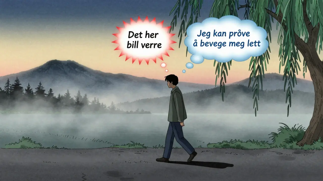 En person som går sakte i morgenfog med tanker som forandres fra skarpe røde spike til bløte blå kurver.