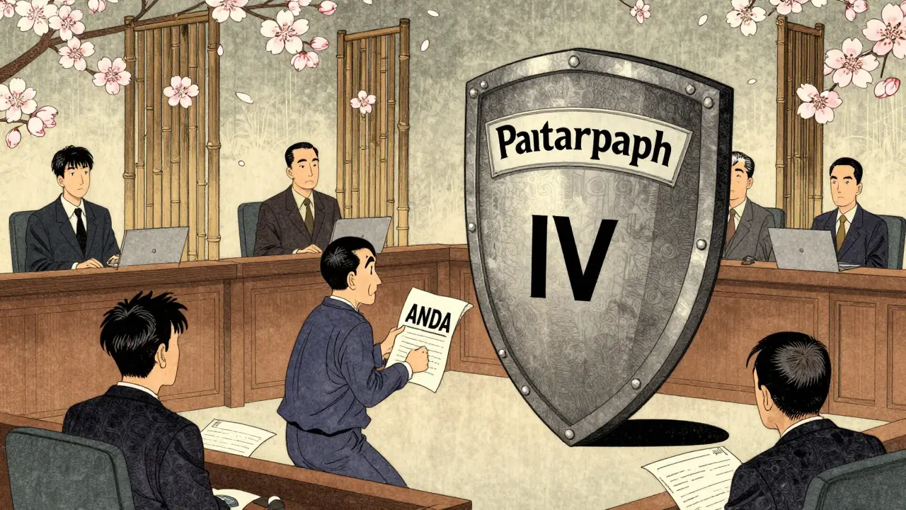 En rettslig kamp mellom patentbeskyttelse og generisk godkjenning i en ukiyo-e stil scene.