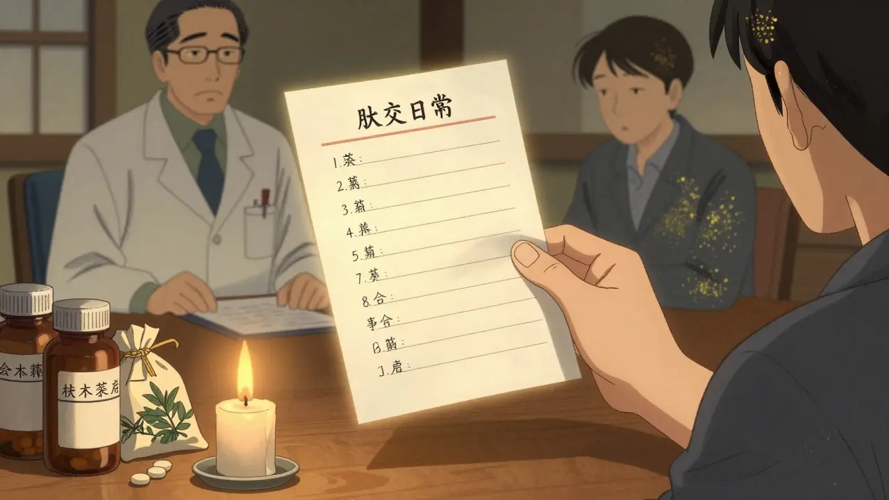 En skriftlig medikamentliste flyter over et bord med pilleflasker og urter, symbolisering trygg bruk.