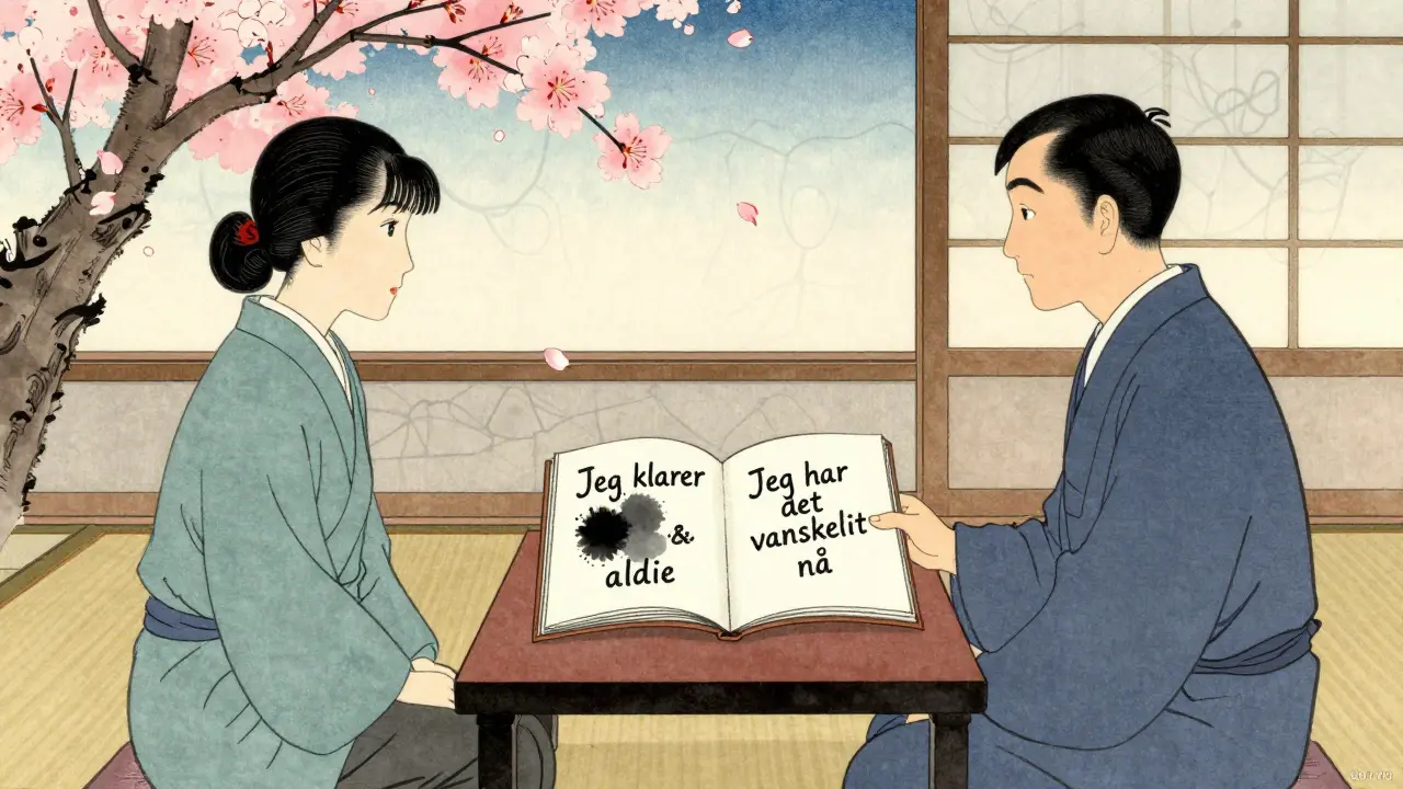 En terapeut og pasient sammen ved et bord med en journal som viser omstrukturerte tanker og blomstrende treer i bakgrunnen.