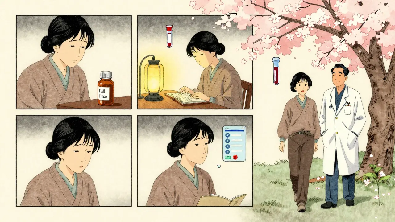 En tresidig historie i scroll-form: pasienten går fra bekymring til ro og helse, med symboler for medisinering og teknologi i bakgrunnen.