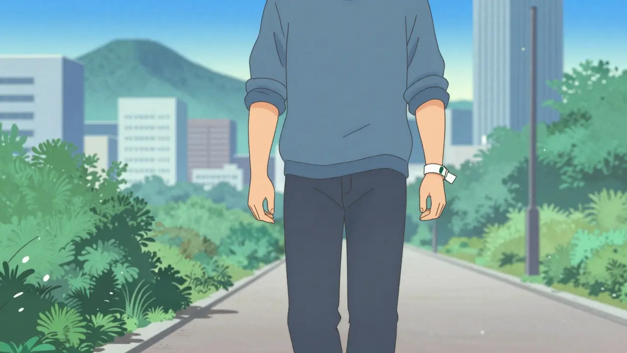 En voksen person vandrer trygg med alarmarmbånd synlig på håndleddet