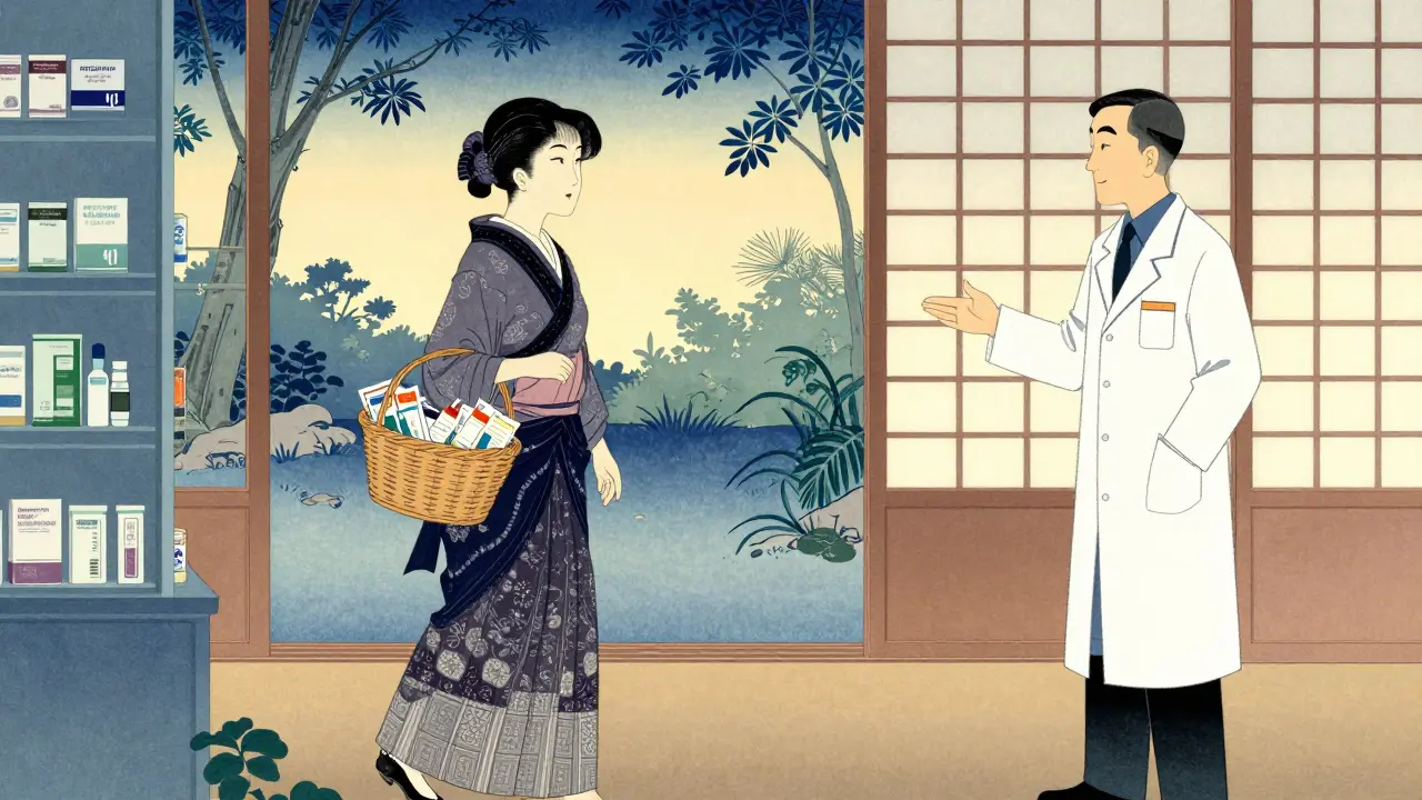 Kvinne som kommer inn i apoteket med alle medikamentene sine, mottatt av en apotekar i stilfulle klær.