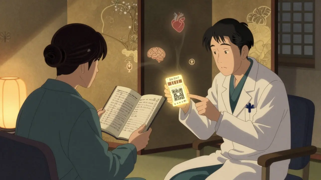 Legen og pasient diskuterer journal med QR-kode og symboler for helse.
