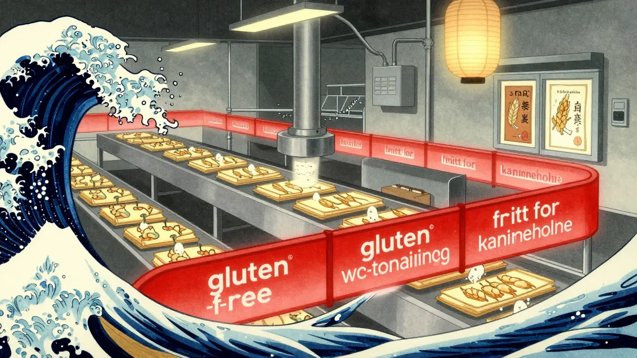 Matfabrikk med skille mellom allergenfrie og allergenholdige produkter, i ukiyo-e stil med symbolisk rød barriere.