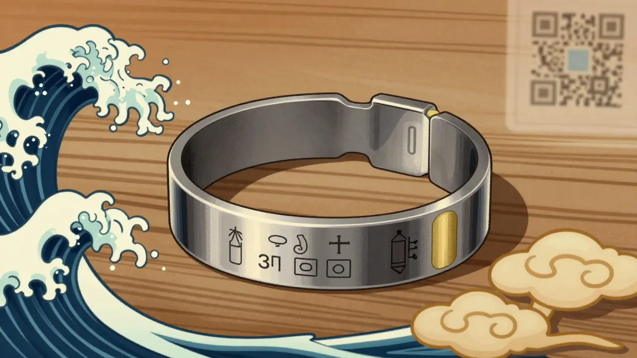 Metallalarmarmbånd liggende på bord med tradisjonelt mønster i bakgrunn