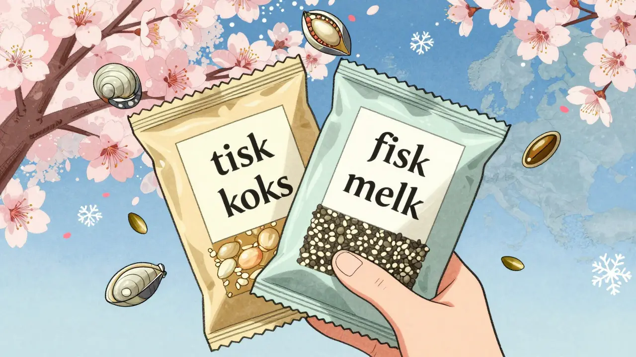 To matpakker fra USA og Europa med ulike allergenetiketter, omgitt av skjulte allergener i ukiyo-e stil.