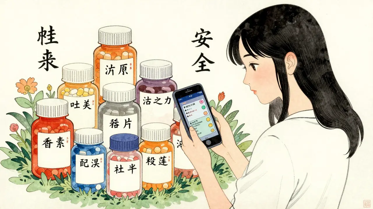 Ung kvinne med flere legemiddelflasker og digital AR-bekreftelse på riktig medisin.