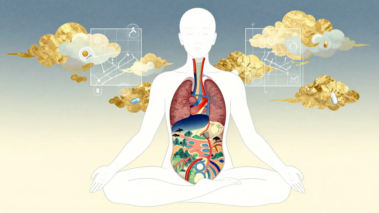 En menneskesilhuett med digitale modeller og landskapsaktige organer som viser fremtidig legemiddelkontroll.