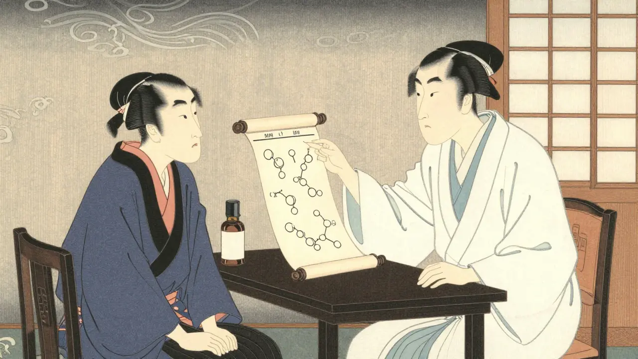 Farmasøyt forklarer bioekvivalens til en pasient i tradisjonell japansk stil.
