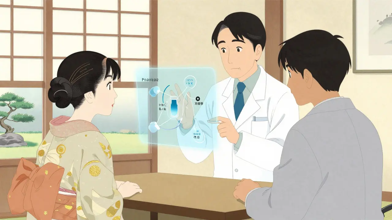 Farmasøyt som forklarer sammenhengen mellom merkevare og generika til en pasient via hologram.