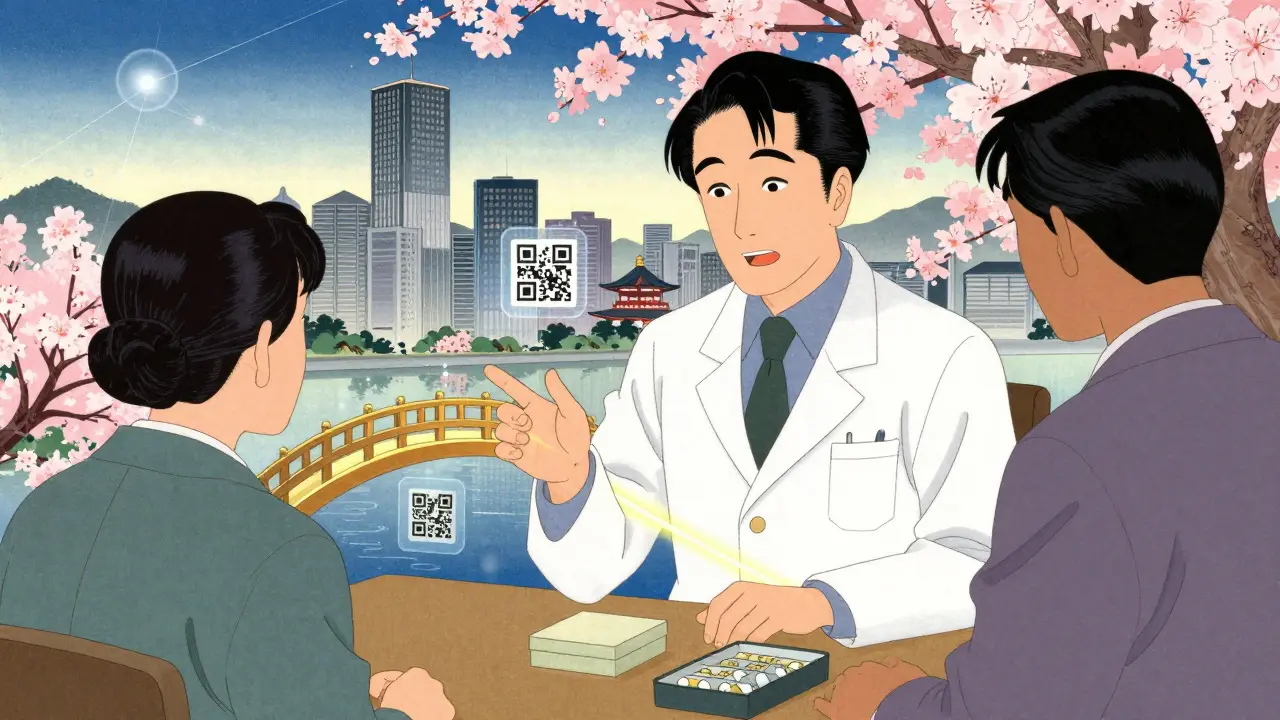 Farmasøyt som forklarer tryggheten ved kopimedisiner med moderne teknologi i Ukiyo-e stil.