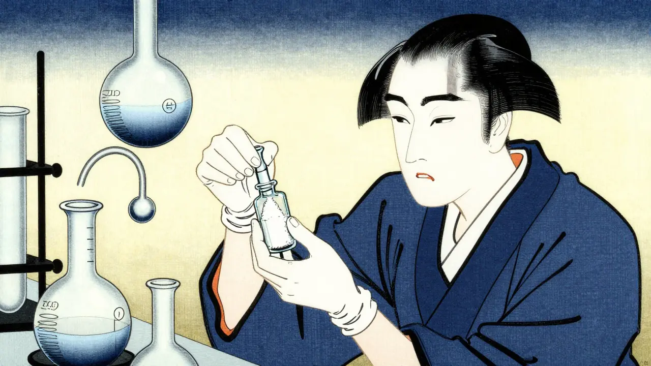 Forsker som håndterer kjemisk pulver i et tradisjonelt japansk laboratorium