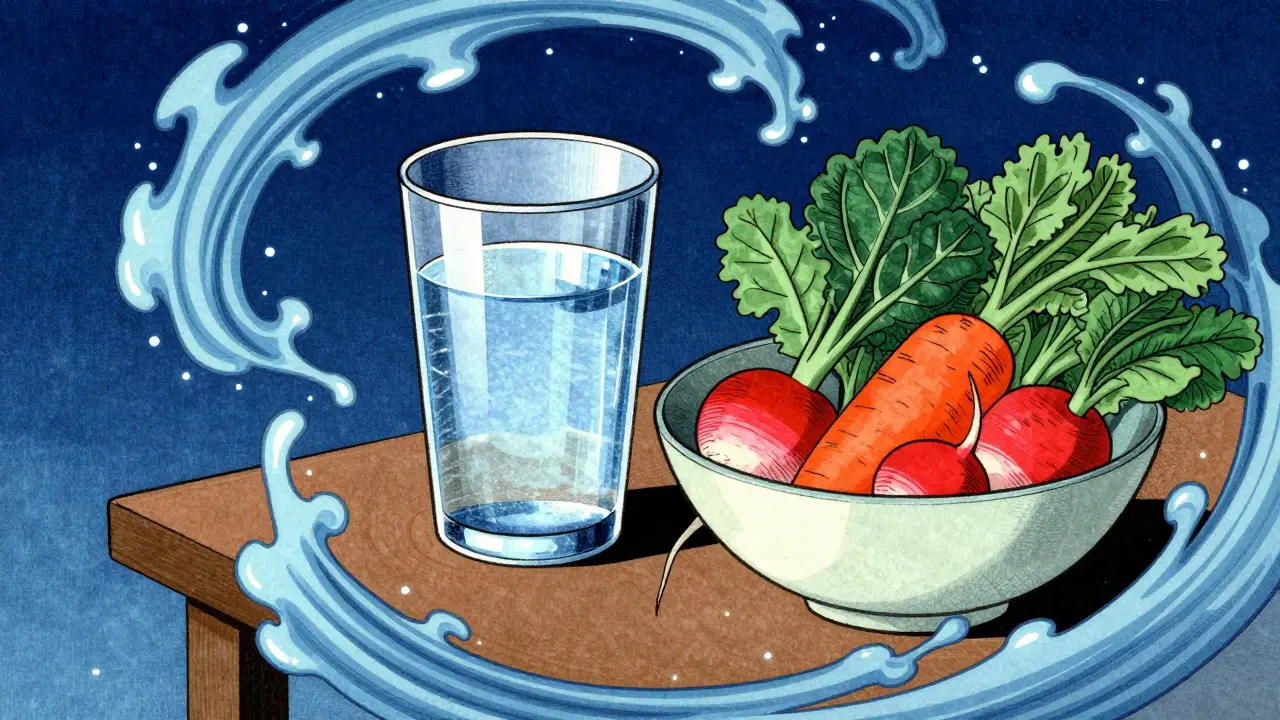 Friske grønnsaker og et glass vann som symboliserer sunne valg