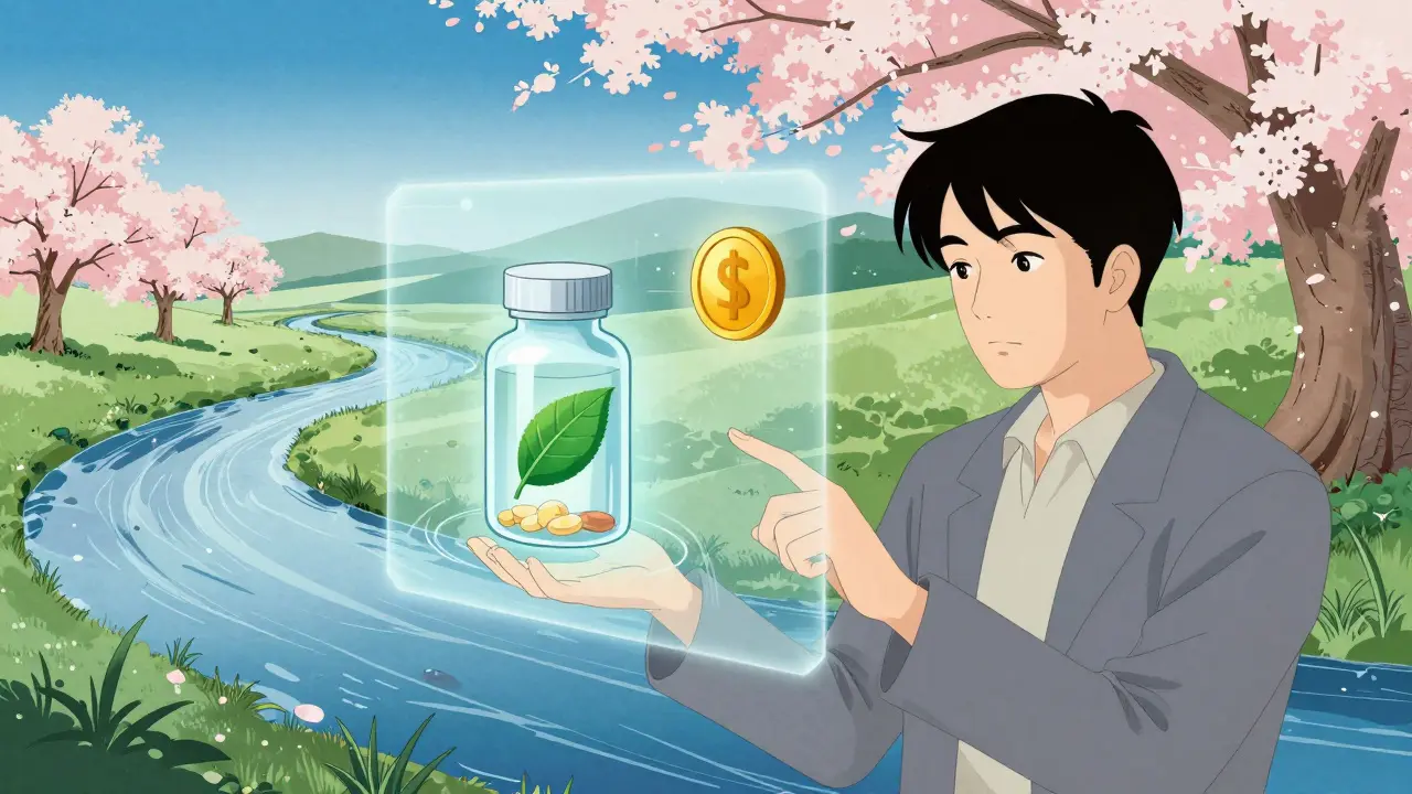 Konseptuelt bilde av fremtidig medisinhandel med fokus på verdi og miljø.