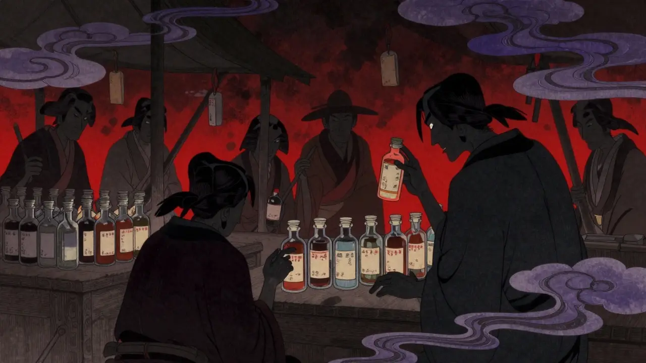 Mørk markedsplass med ulovlige medisiner i Ukiyo-e stil