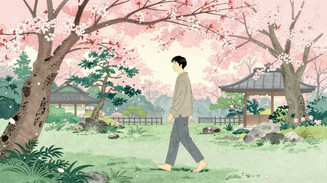 Person som går i en japansk hage og gjenvinner sitt naturlige utseende