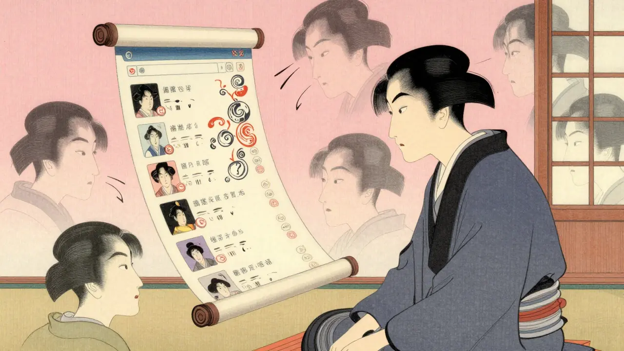 Person som leser skeptiske medisinanmeldelser på en digital rull i tradisjonell japansk stil.