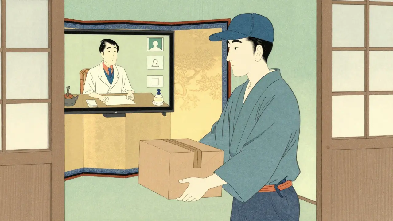 Sikker levering av medisiner til hjemmet i tradisjonell japansk illustrasjonsstil.