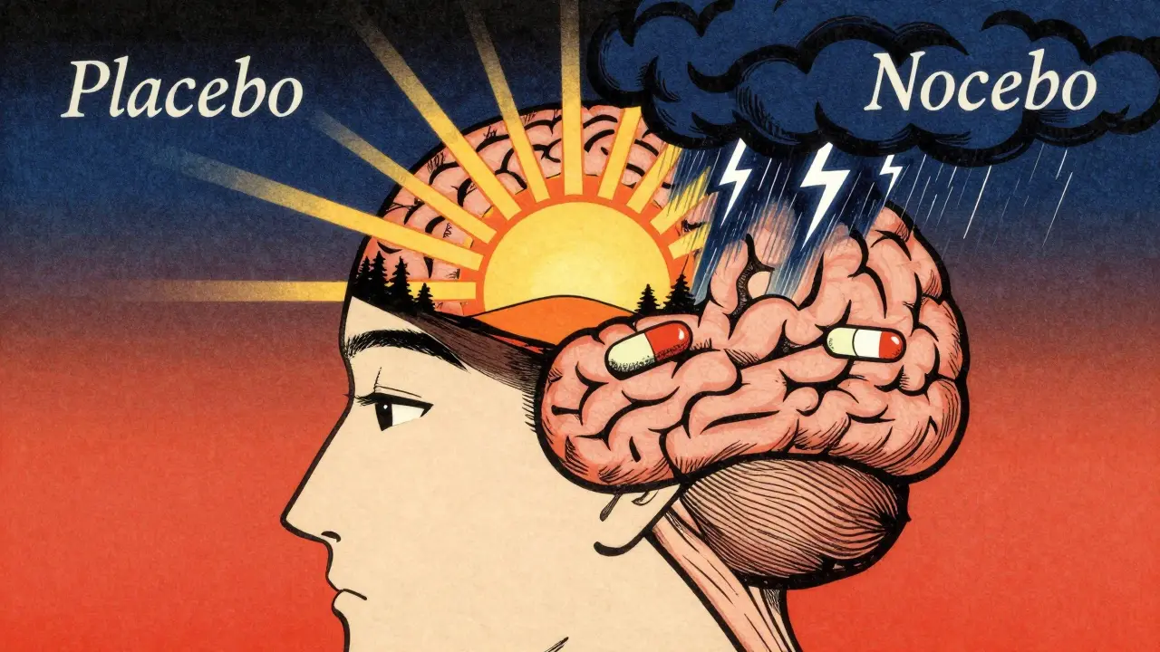 Stilisert hjerne som viser kontrasten mellom placebo-sol og nocebo-stormsky.