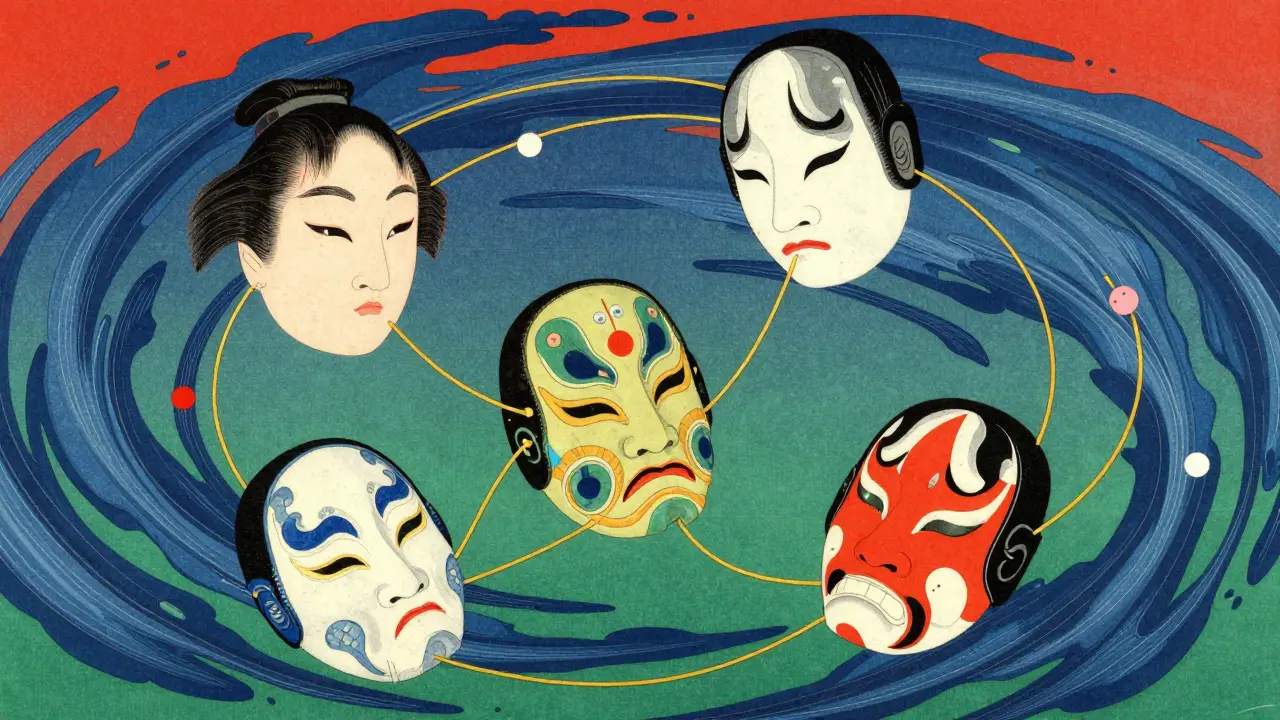 Stiliserte masker og gylne tråder som representerer interaksjoner mellom medisiner i en kombinasjonskur.