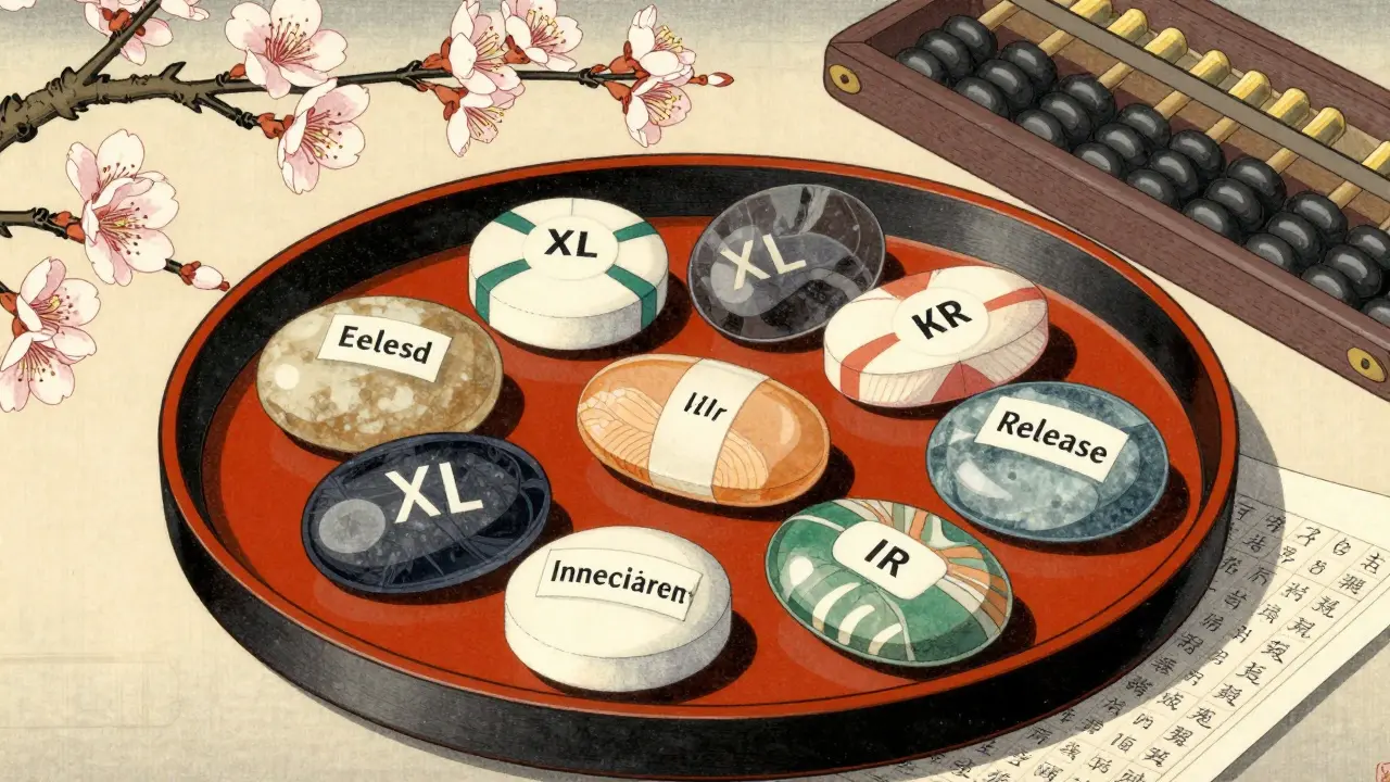 Ulike typer bupropion-tabletter presentert på et tradisjonelt japansk lakkbrett.