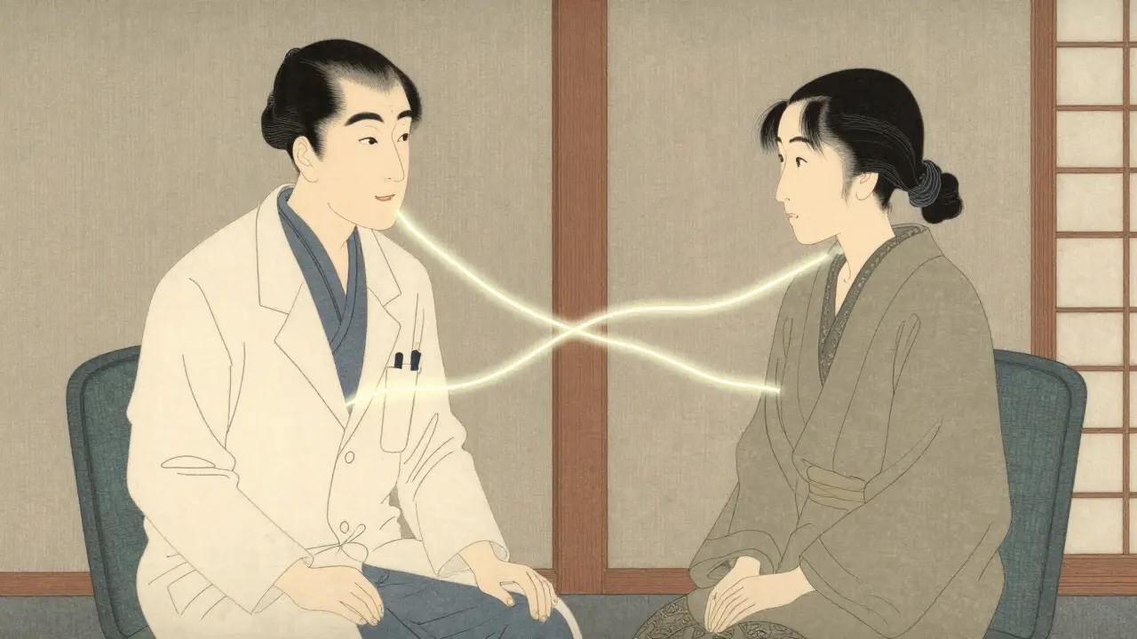 Abstrakt ukiyo-e-kunst som viser forbindelse mellom lege og pasient gjennom lys