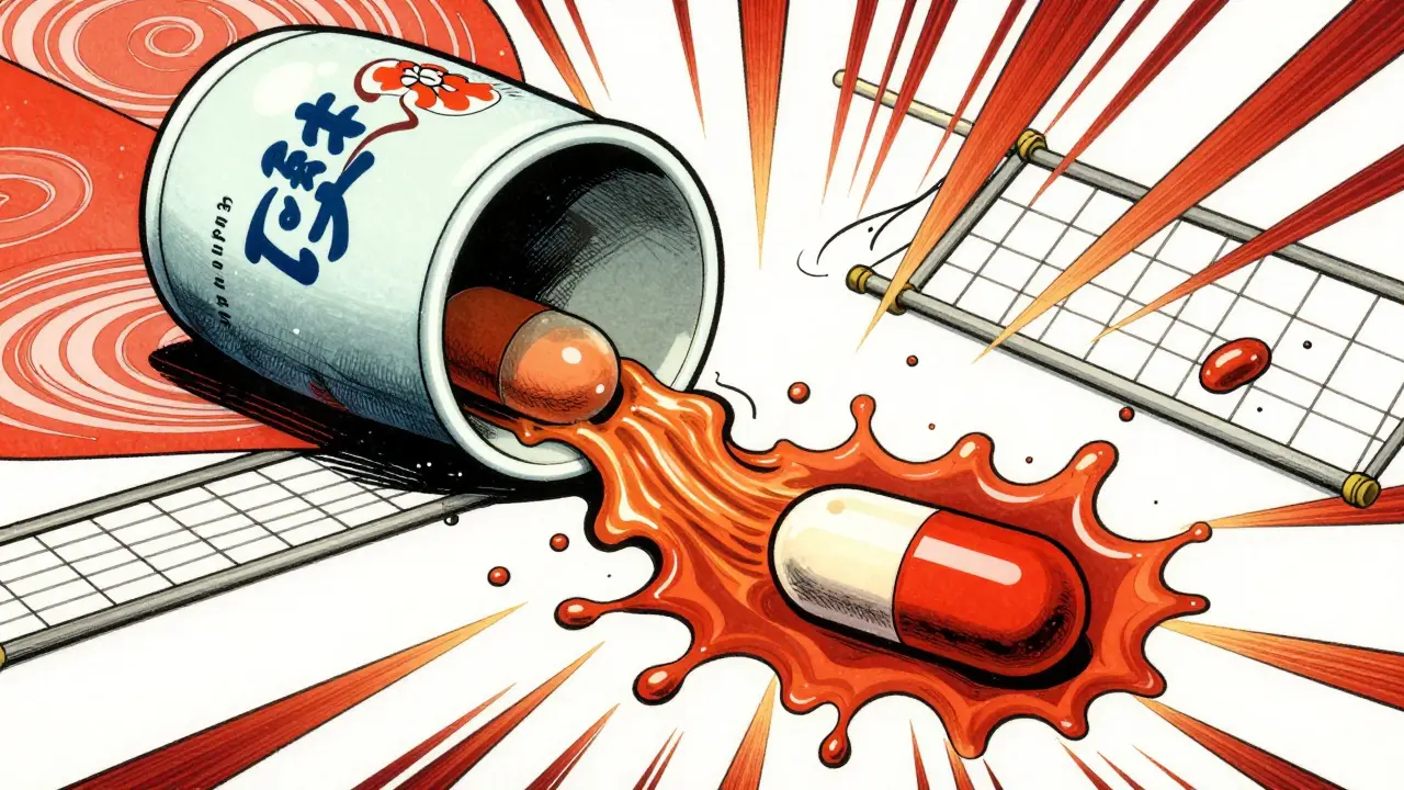 Dramatisk ukiyo-e-illustrasjon av dose dumping-risiko der en kapsel løses opp raskt i væske