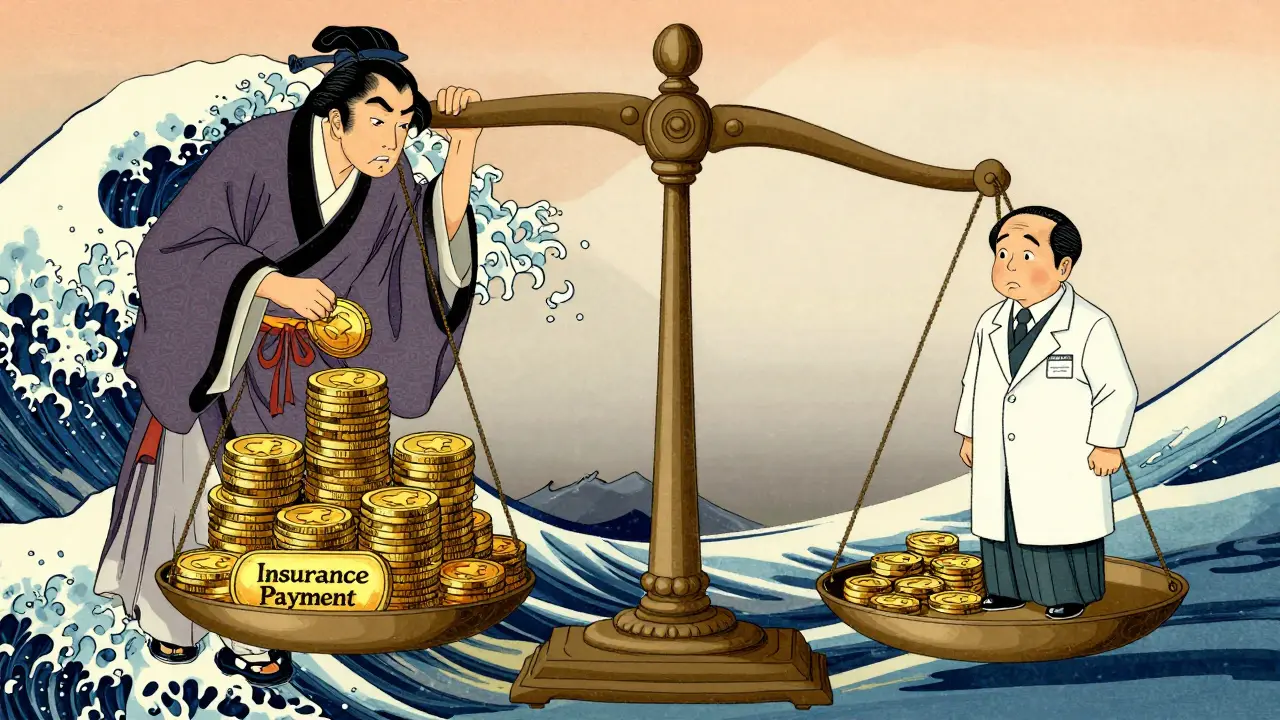 Illustrasjon i ukiyo-e-stil som viser urettferdig prisspreading med en vekt og gullmynter.