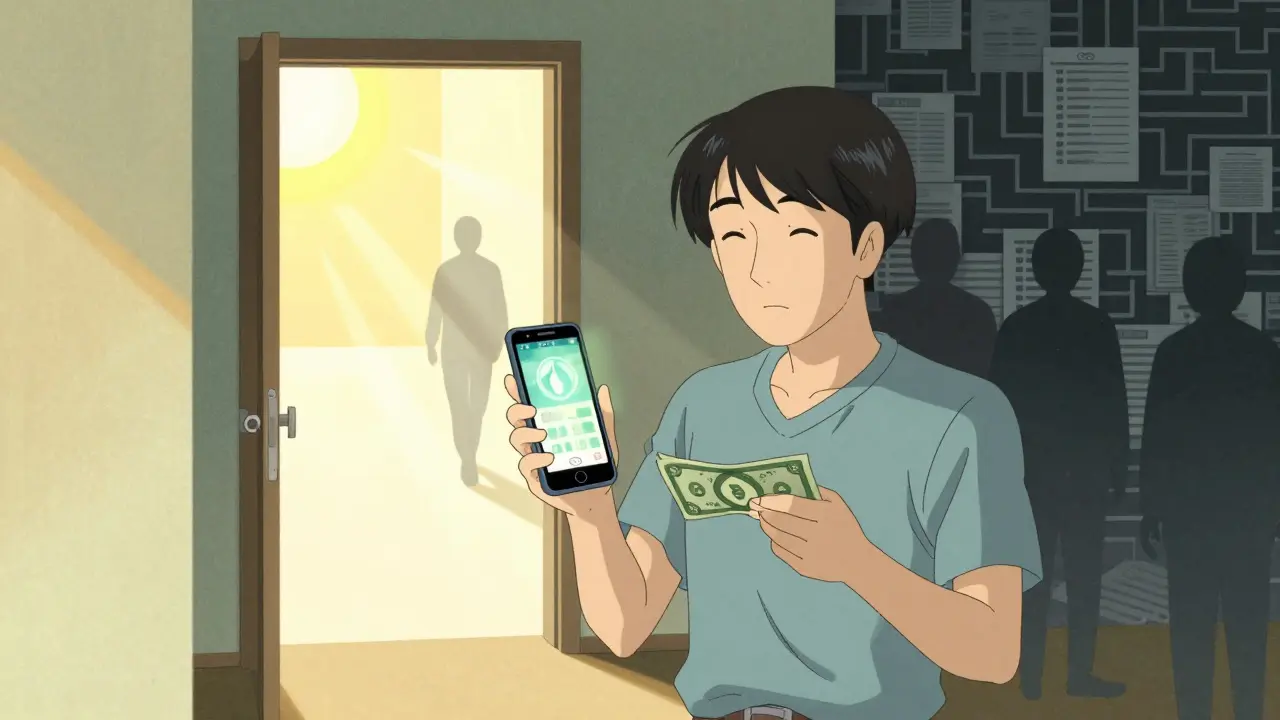 Pasient med smarttelefon og kontanter velger billigere alternativ i lys ukiyo-e-stil.