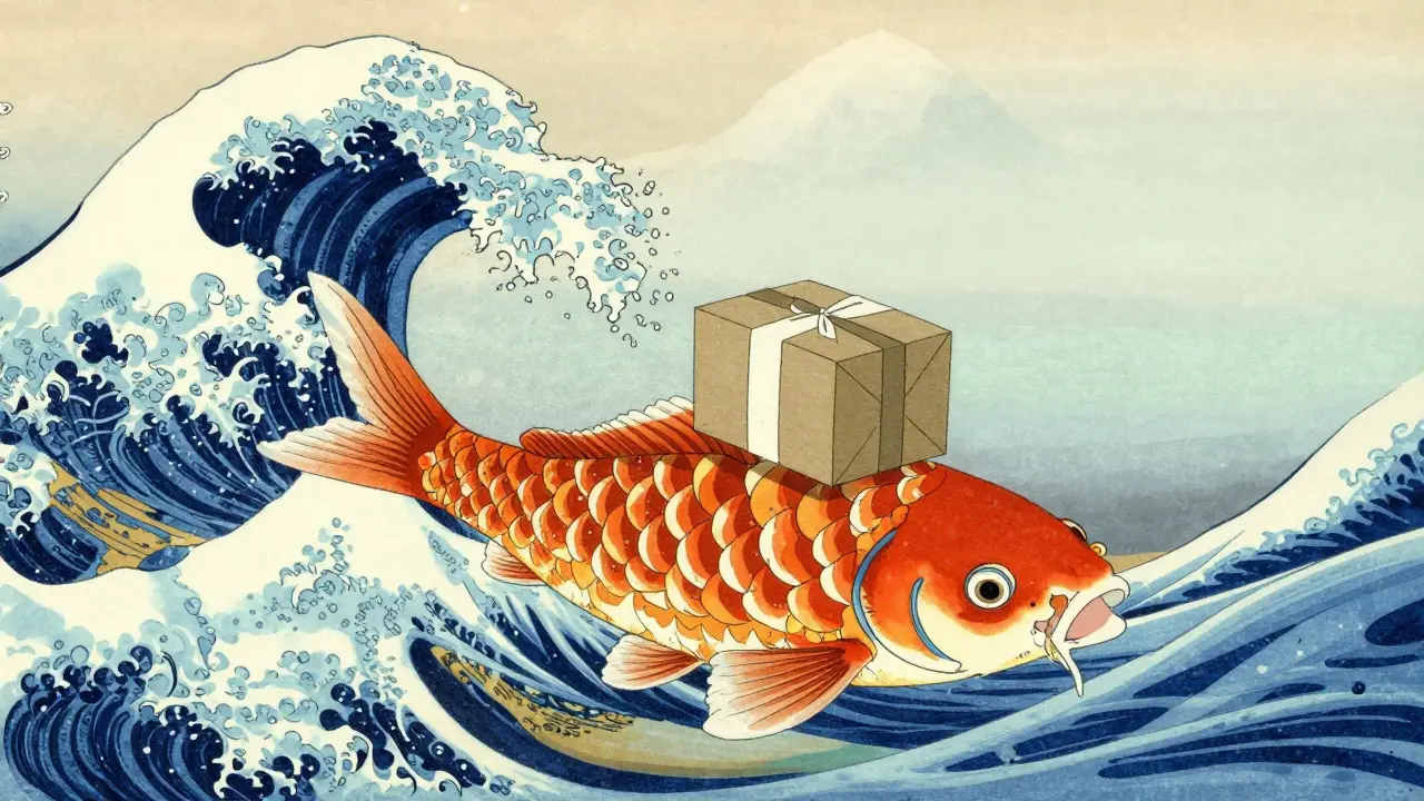 Symbolisk illustrasjon av sikkerhet og besparelser med koi-fisk og pakke