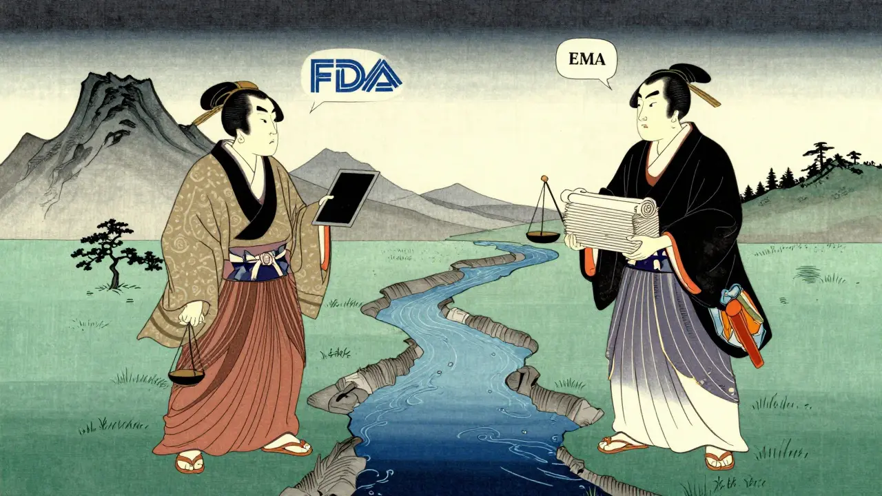 To tradisjonelle figurer med skaler som symboliserer regulatoriske krav fra FDA og EMA for bioekvivalens