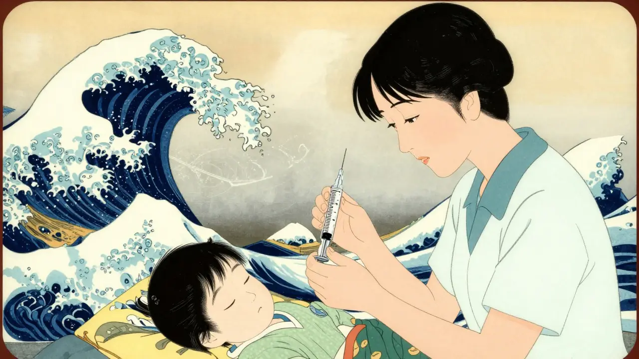 Forelder bruker oral sprøyte forsiktig til sovende barn i ukiyo-e stil