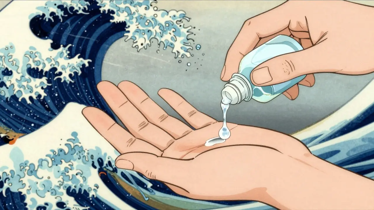Hånd som påfører antiseptika rundt et lite sår, stilisert ukiyo-e illustrasjon