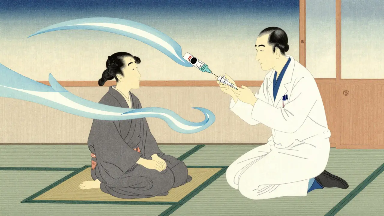 Legen gir biologisk behandling til pasient i et rolig, tradisjonelt japansk landskap