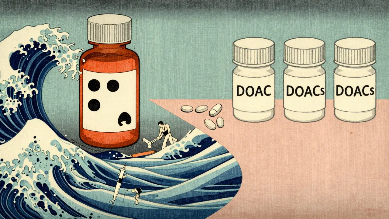 Illustrasjon som sammenligner Warfarin og DOAK-behandling med heparininjeksjoner