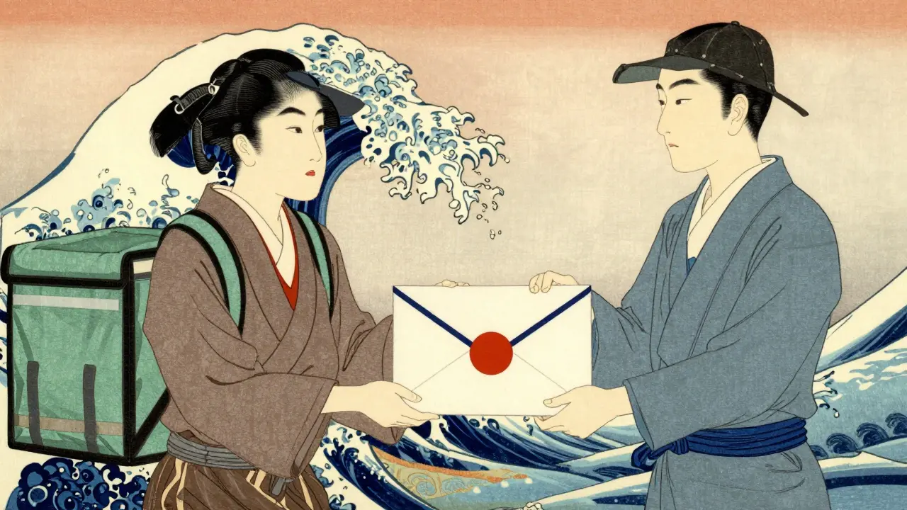 Kurerer leverer medisinsk pakke i tradisjonell japansk kunststil